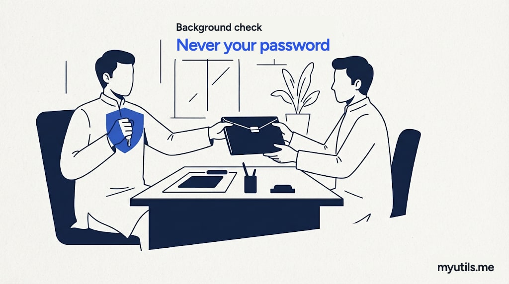 A hand holding back a key while passing a document across a desk, with the words “Background check: Never your password”
