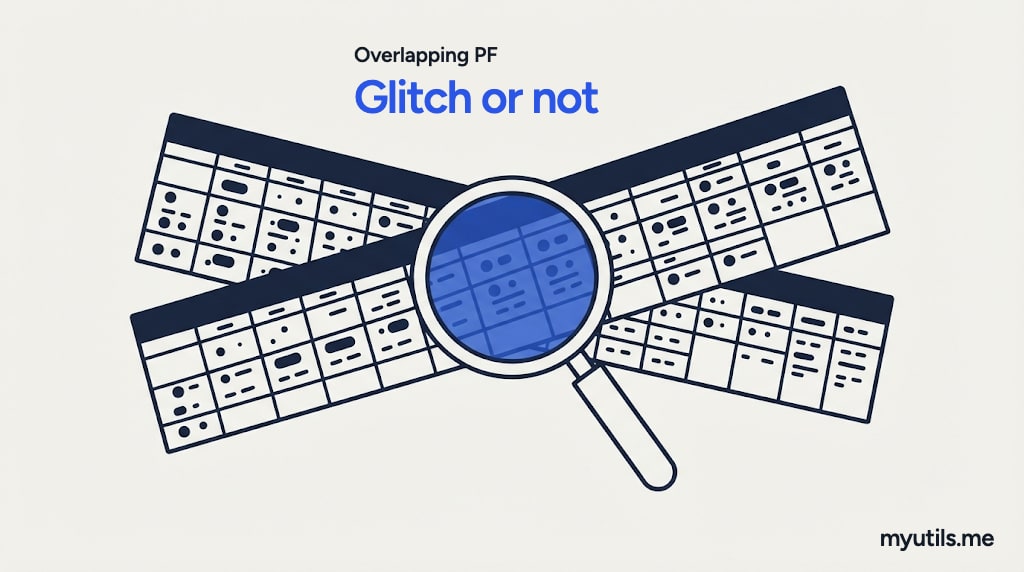 Two overlapping calendar strips under a magnifier, with the words “Overlapping PF: Glitch or not”