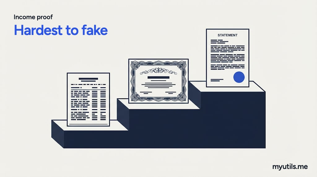 Three documents on a podium, the strongest on top, with the words “Income proof: Hardest to fake”